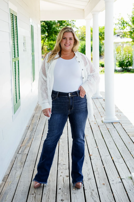 Vintage Double Button Frayed Hem Bootcut Jeans