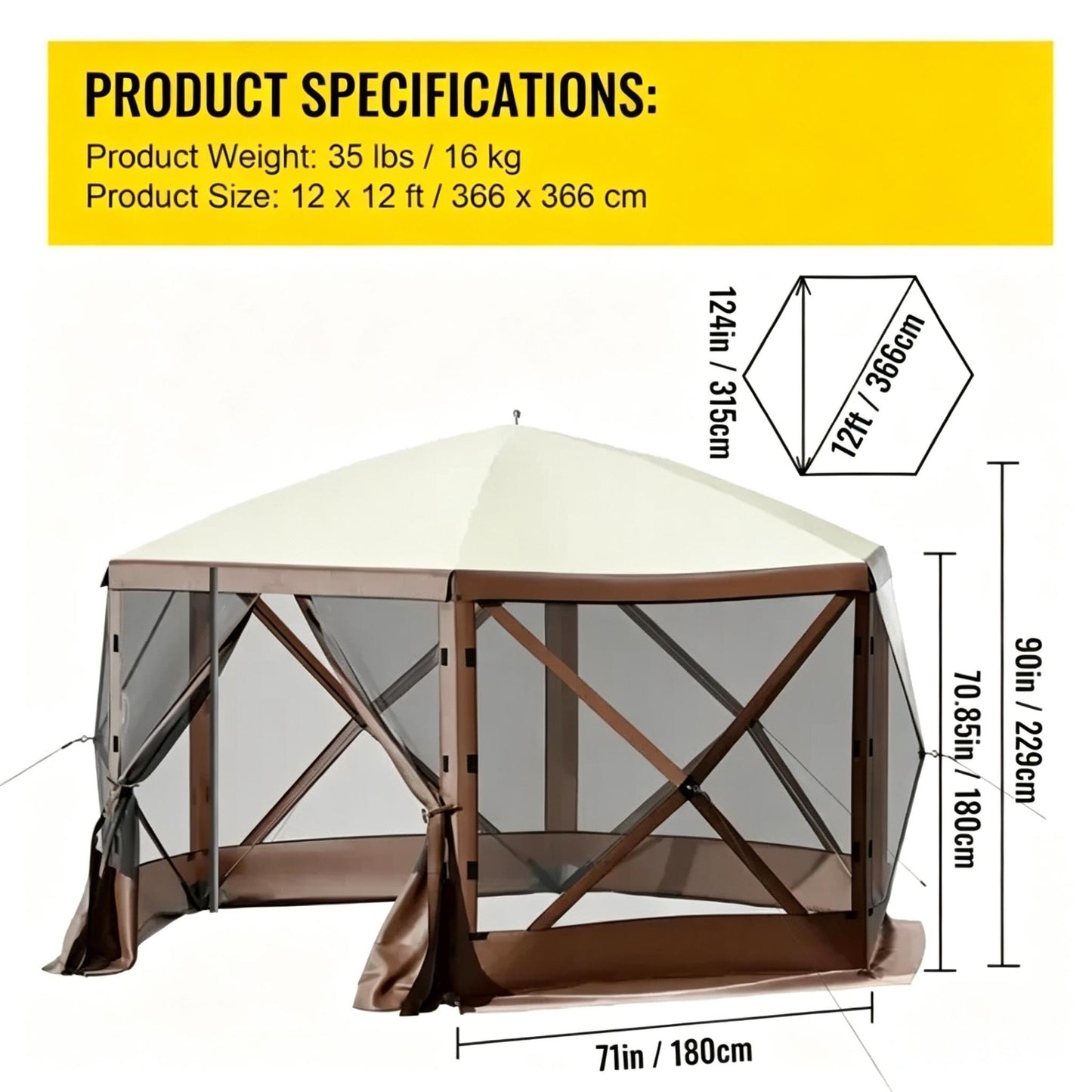 12FT Hexagon Pop Up Screen Tent, Waterproof Outdoor Mesh Gazebo Shelter
