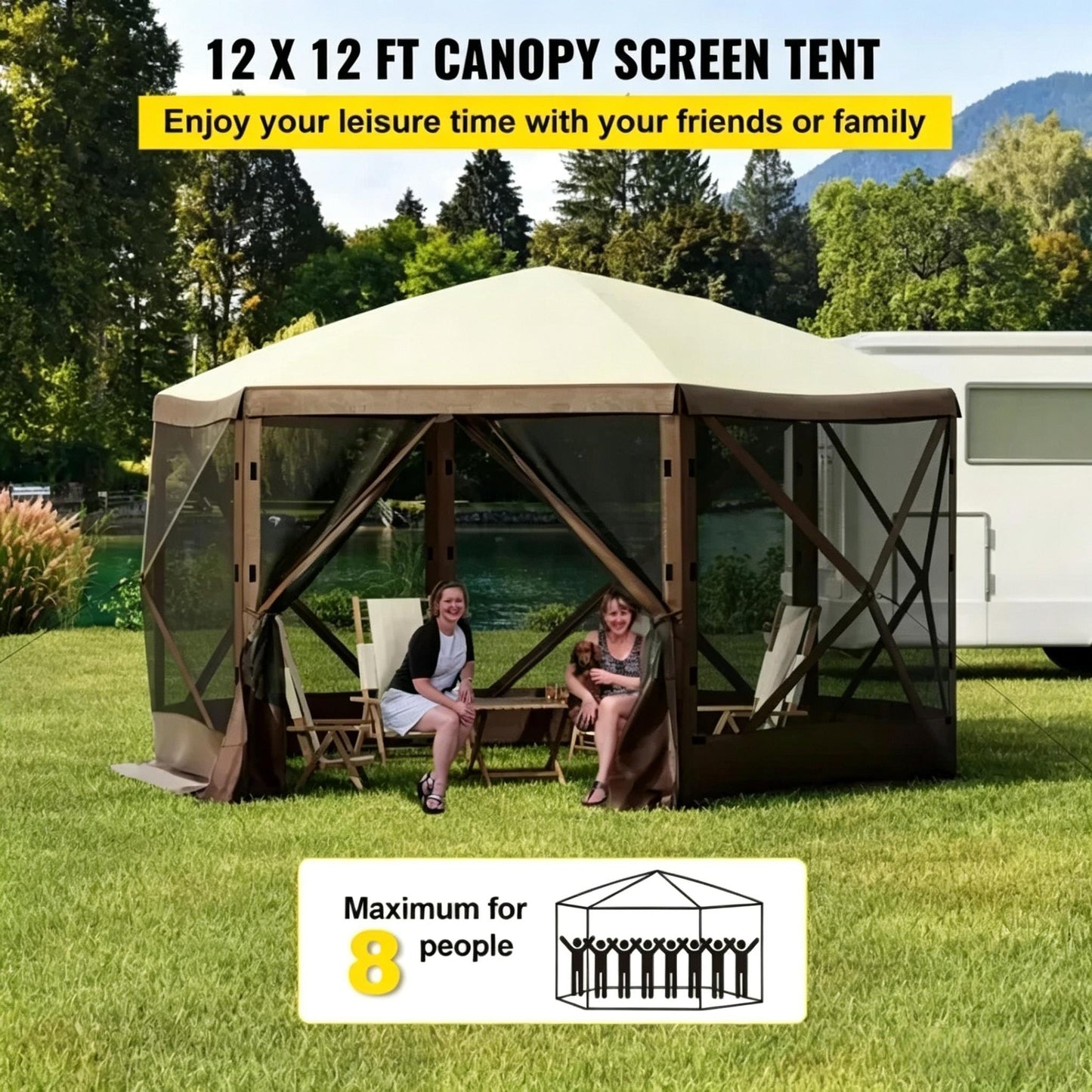 12FT Hexagon Pop Up Screen Tent, Waterproof Outdoor Mesh Gazebo Shelter