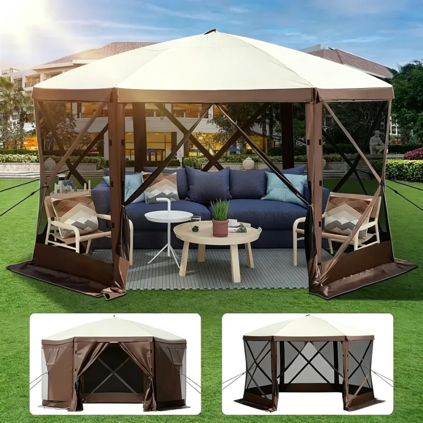 12FT Hexagon Pop Up Screen Tent, Waterproof Outdoor Mesh Gazebo Shelter
